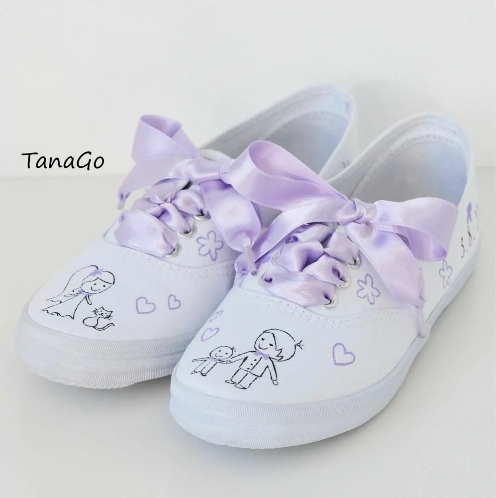 Svatební tenisky s fialovou, chlapečkem a kočičkou